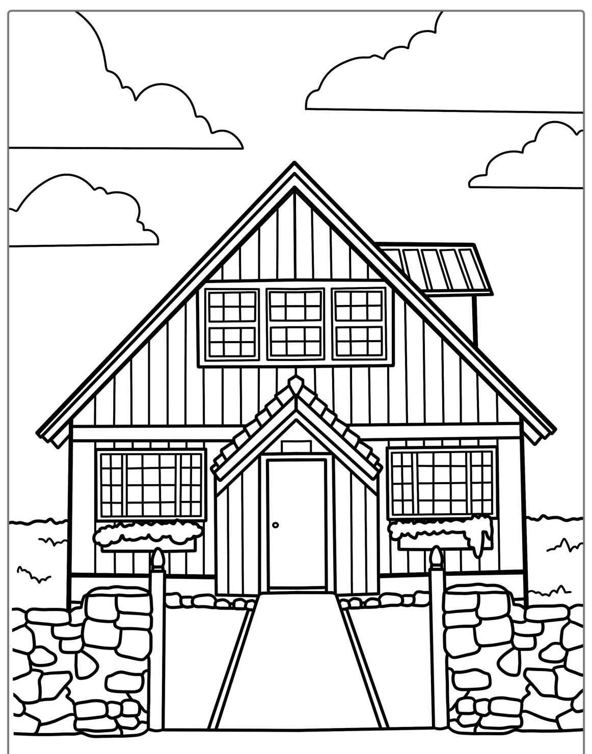 Desenho kawaii de casa fofa com nuvens para colorir