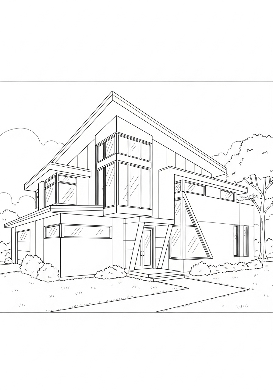 Desenho de Casa Moderna com grandes janelas para colorir
