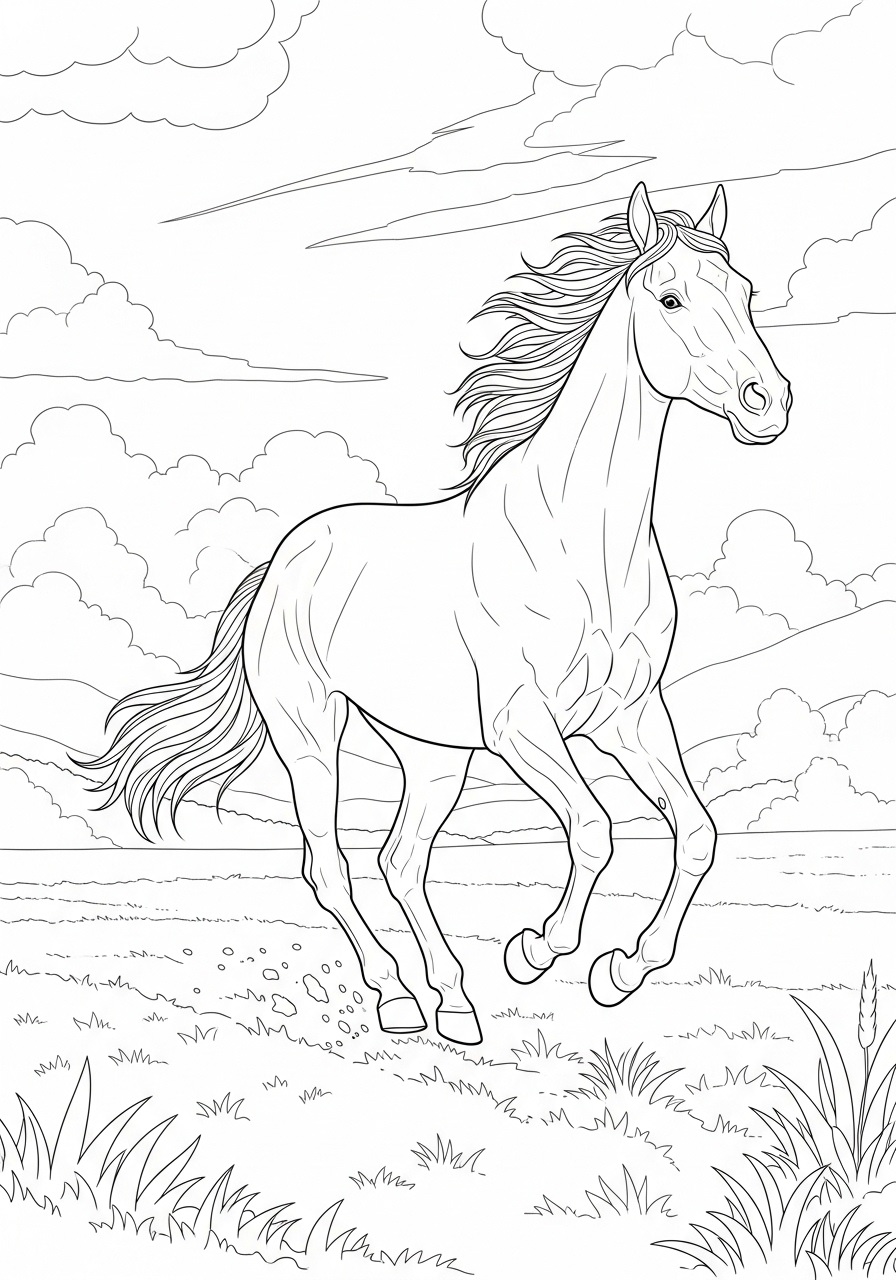 Desenho de Cavalo galopando no campo para colorir