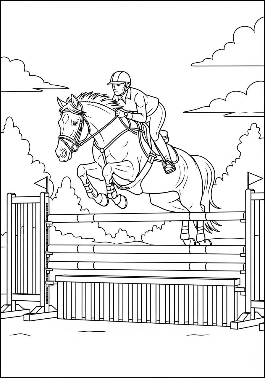 Desenho de Cavalo saltando obstáculos para colorir