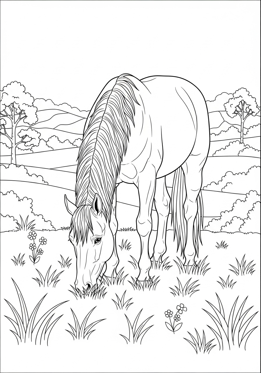 Desenho de Cavalo pastando no campo para colorir