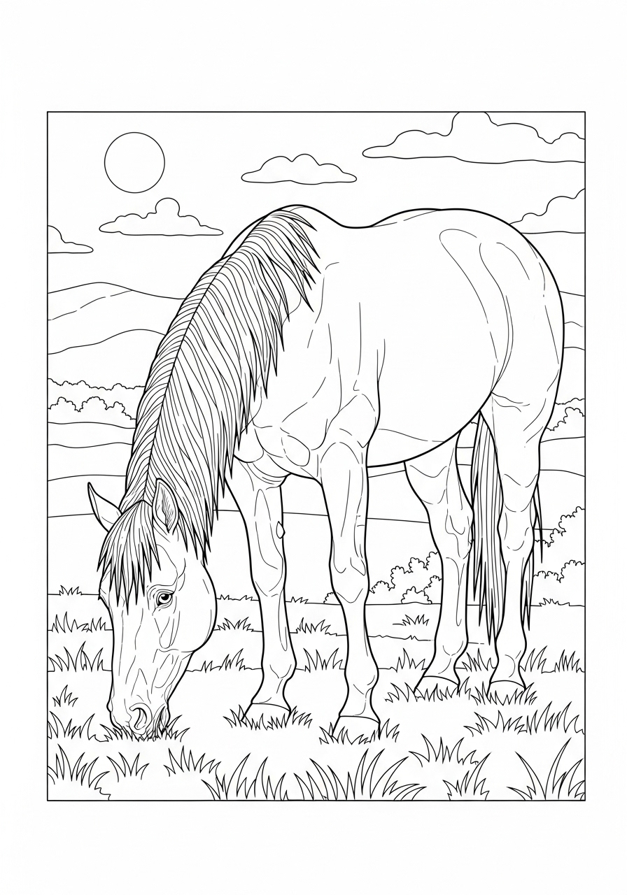 Desenho de Cavalo pastando na grama para colorir