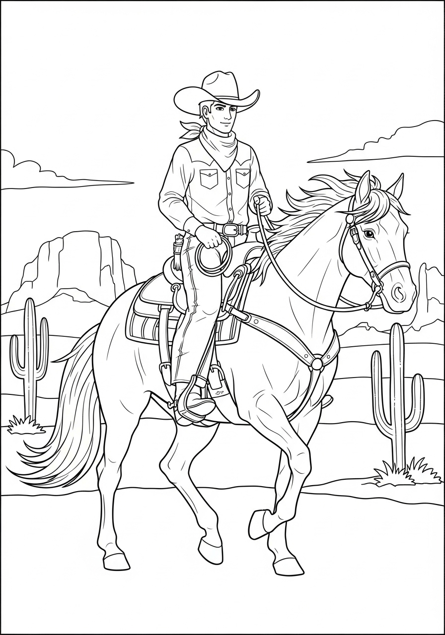 Desenho de Cavalo com cowboy no deserto para colorir