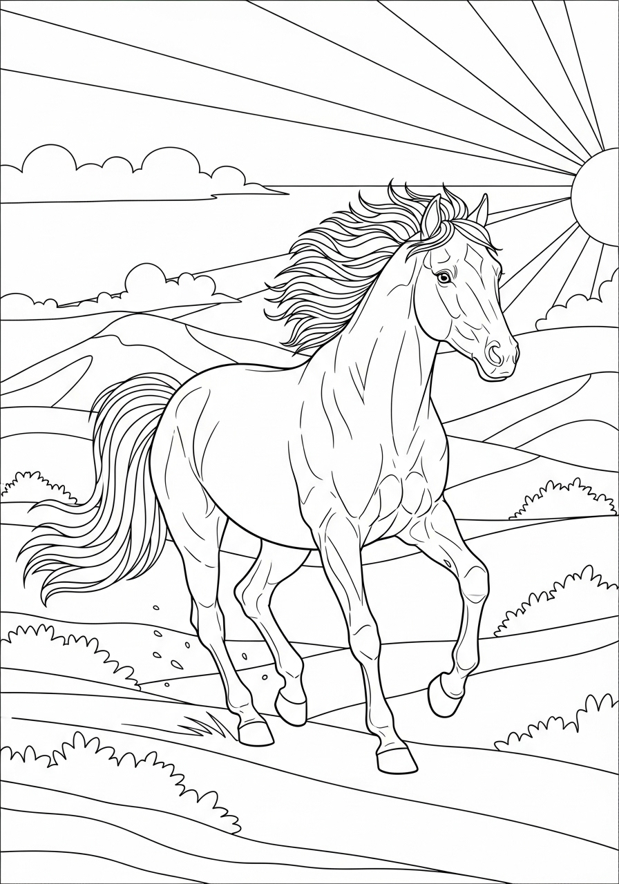 Desenho de Cavalo correndo no campo para colorir