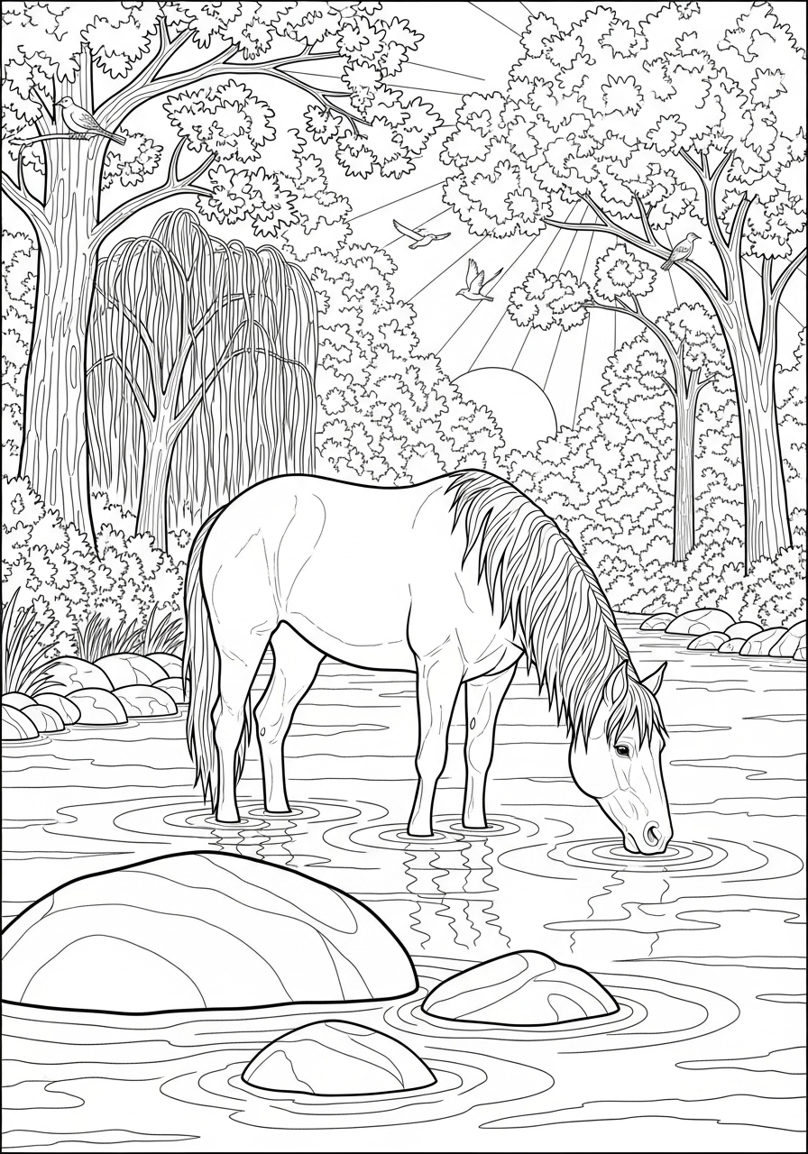 Desenho de Cavalo bebendo água no rio para colorir