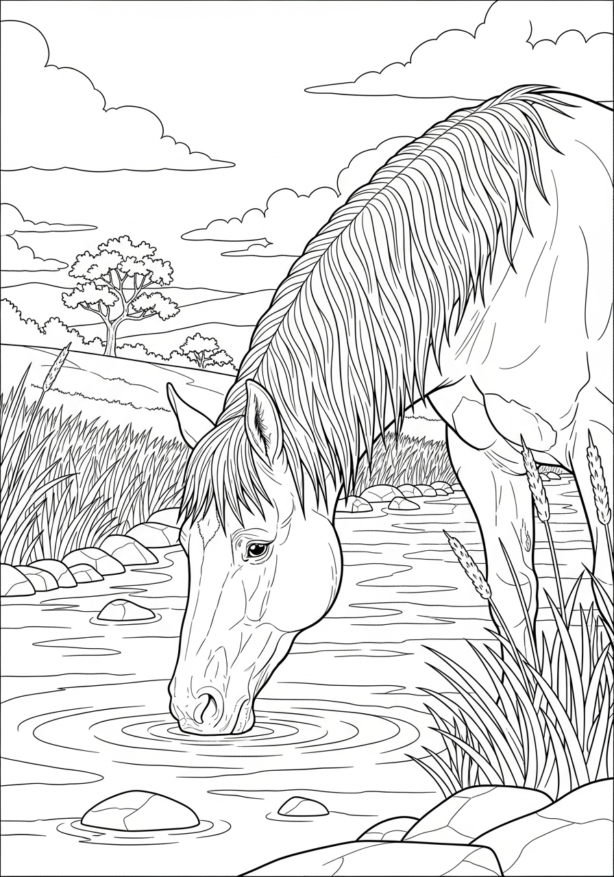 Desenho de Cavalo bebendo água no rio para colorir