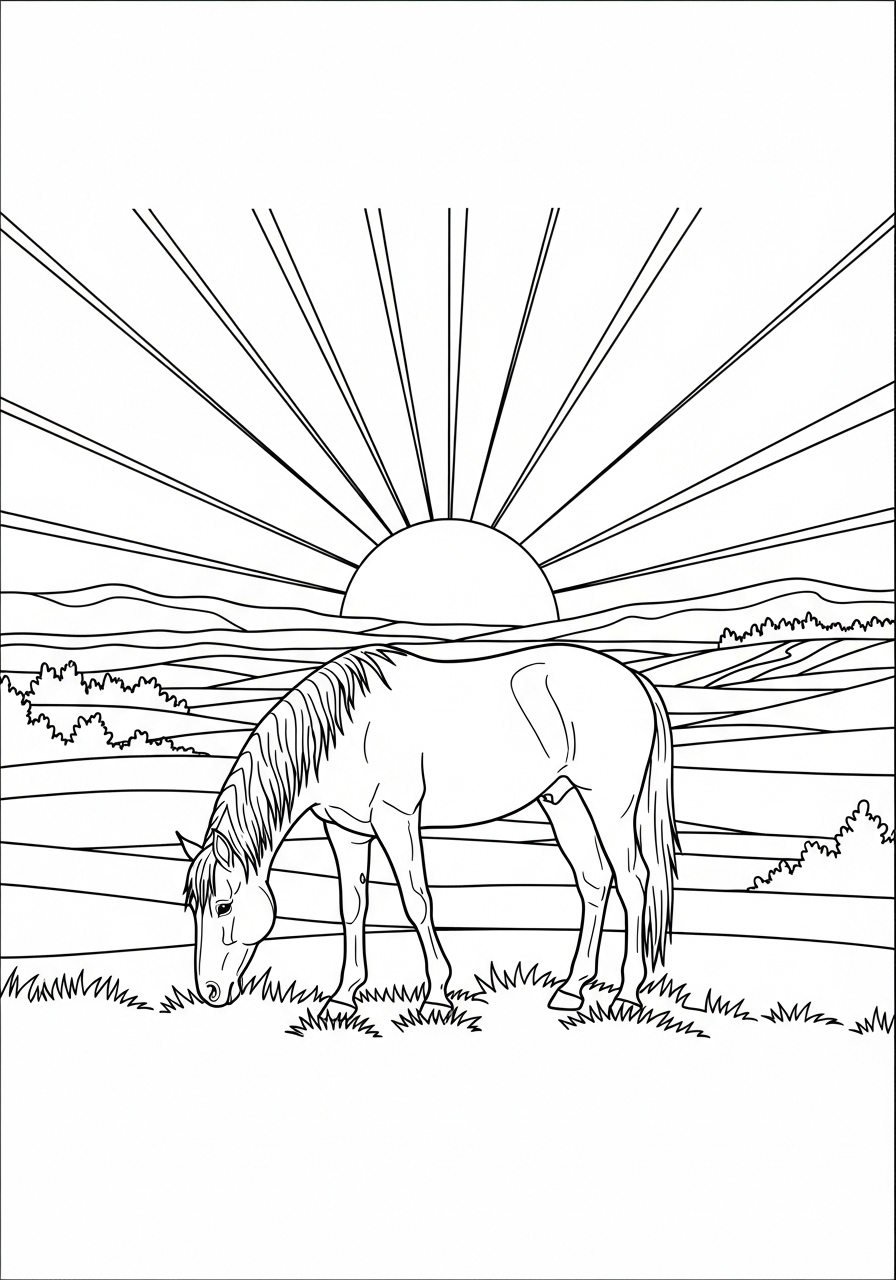 Desenho de Cavalo com sol ao fundo para colorir
