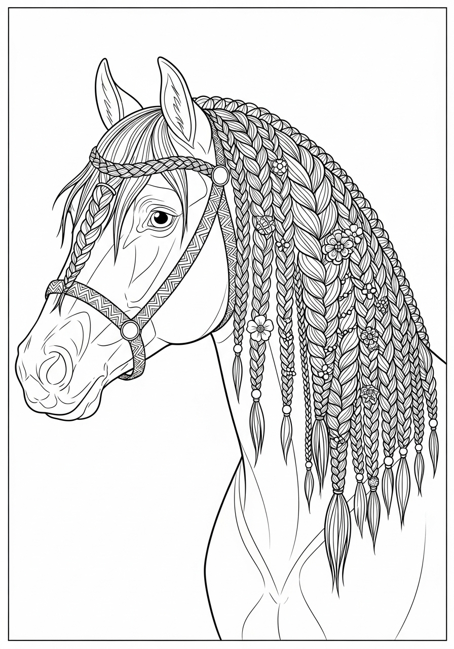 Desenho de Cavalo com crina trançada para colorir