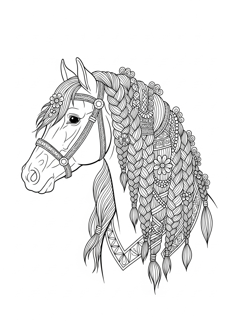 Desenho de Cavalo com crina decorada para colorir