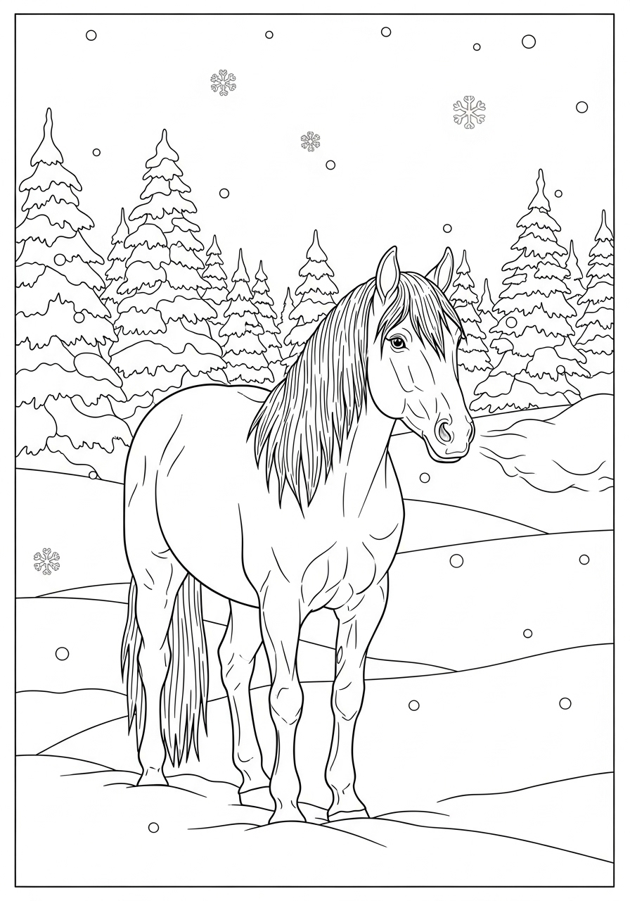 Desenho de Cavalo na neve para colorir