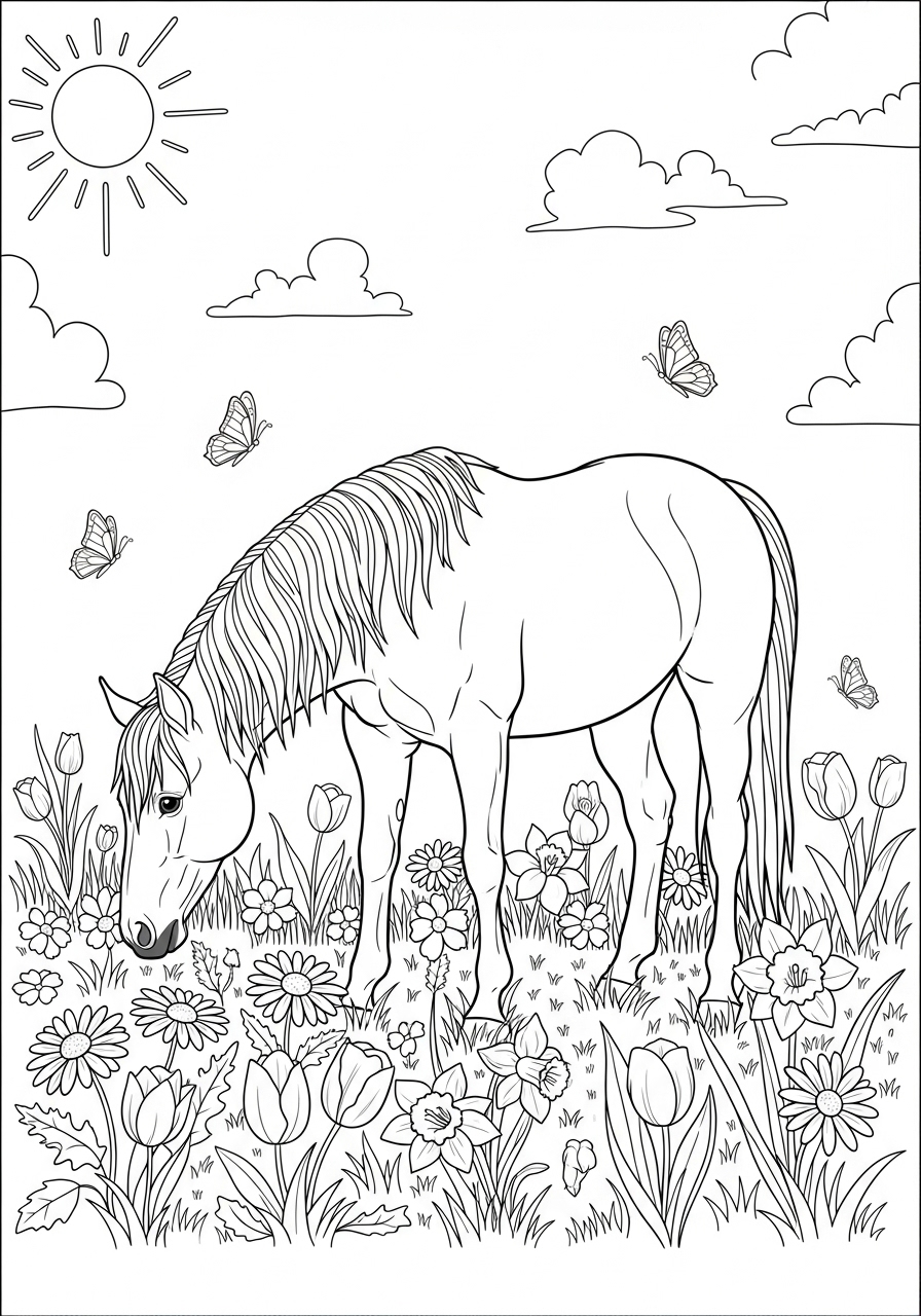 Desenho de Cavalo pastando em flores para colorir