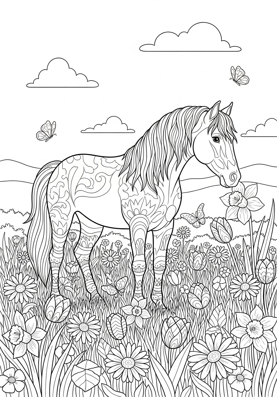 Desenho de Cavalo em campo florido para colorir