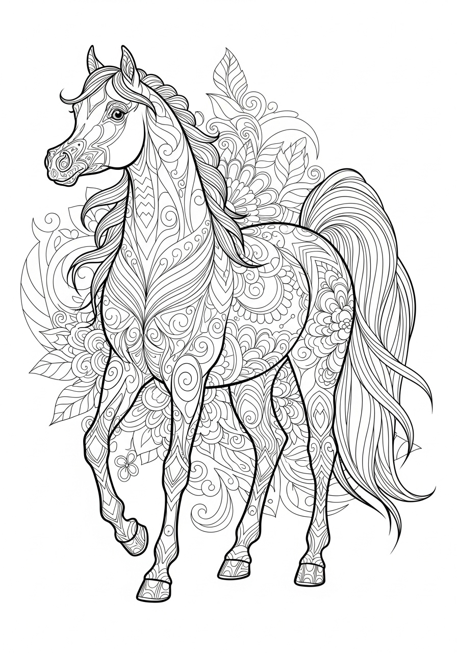 Desenho de Cavalo com padrões florais para colorir