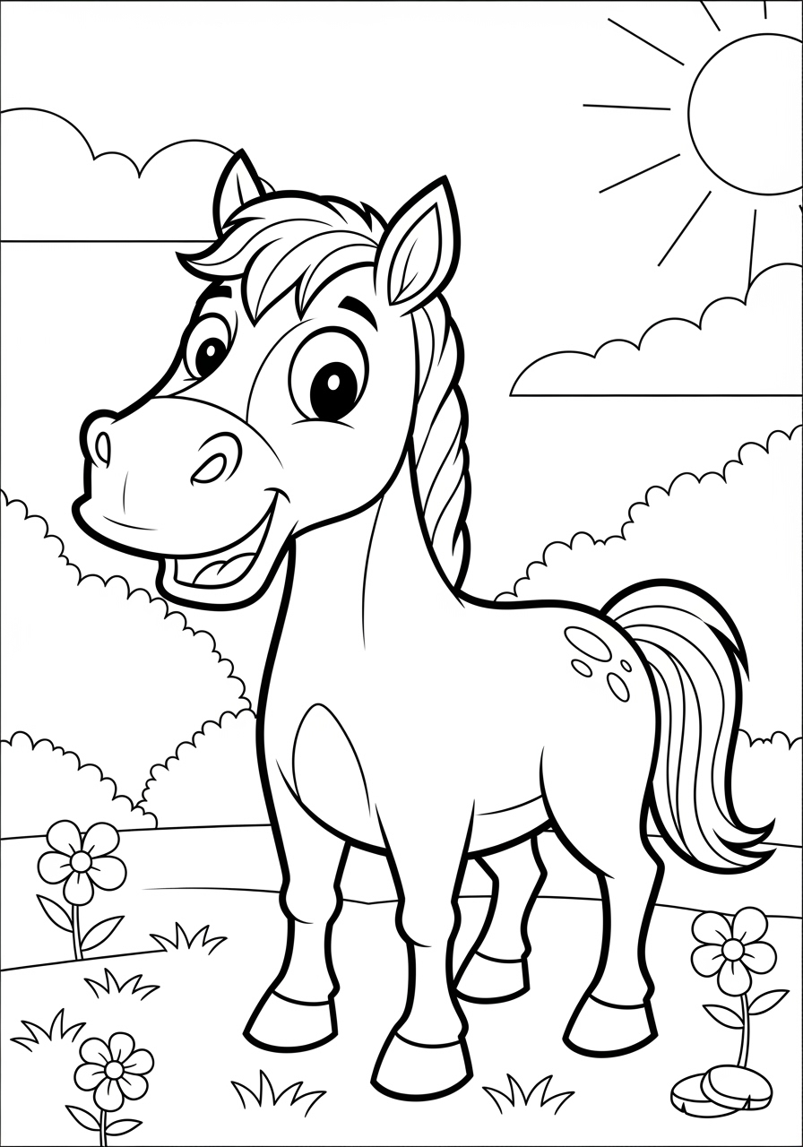 Desenho de Cavalo fofo sorrindo no campo para colorir