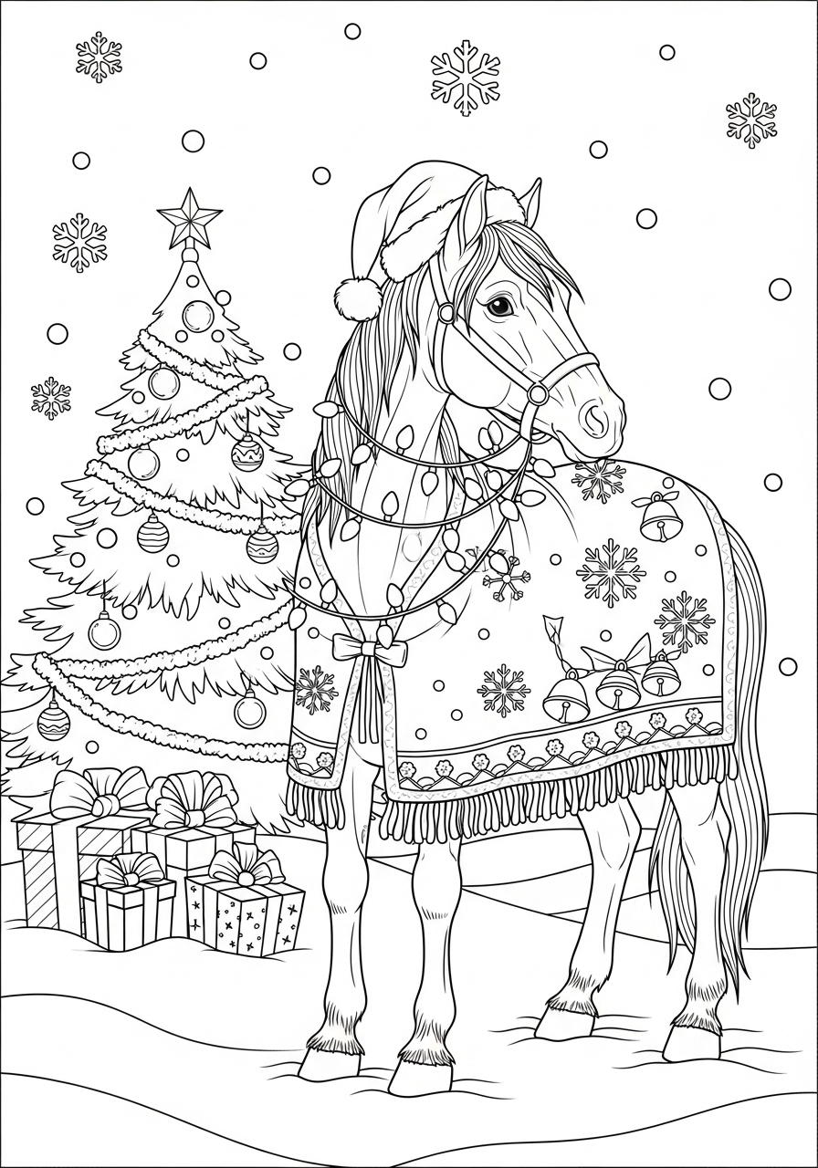 Desenho de Cavalo natalino com árvore para colorir