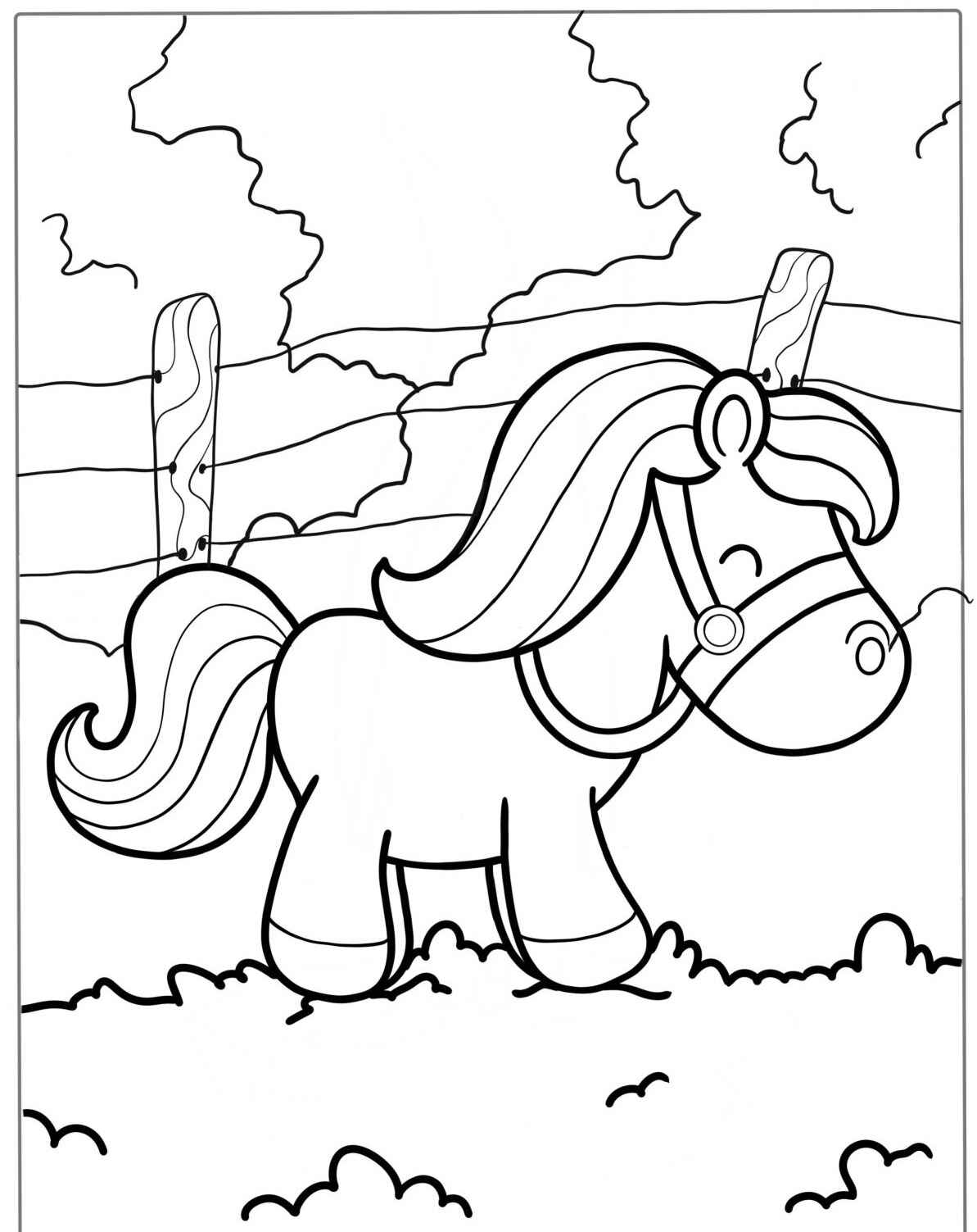Desenho de Cavalo fofo com cerca para colorir