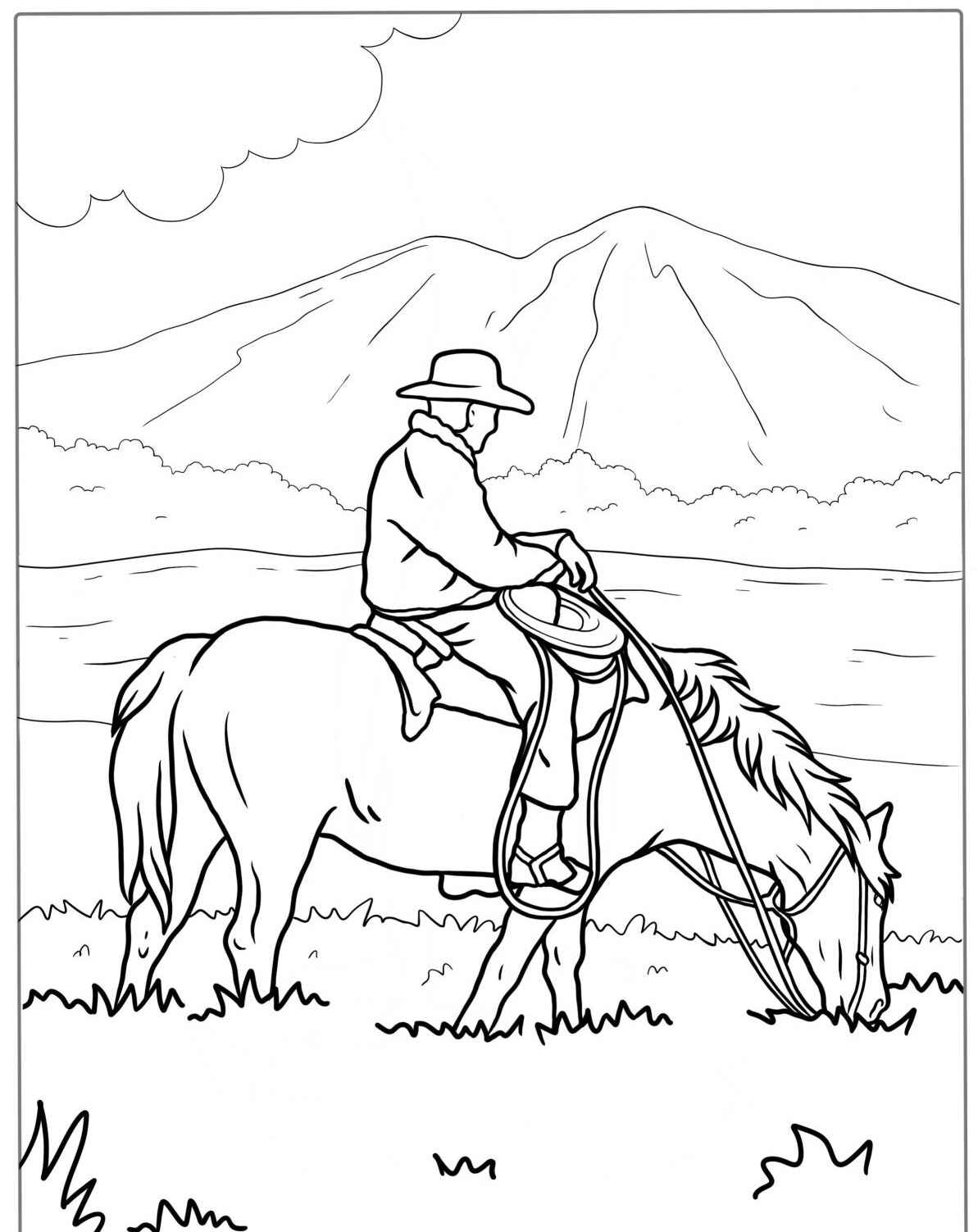 Desenho de Cavalo com cavaleiro no campo para colorir