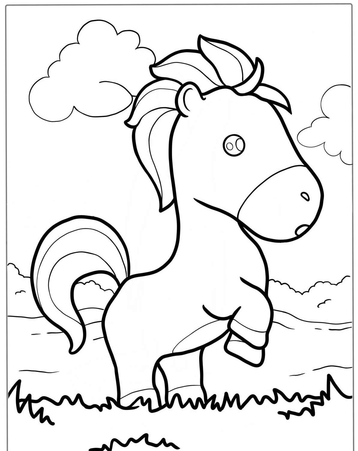 Desenho de Cavalo fofo com paisagem para colorir