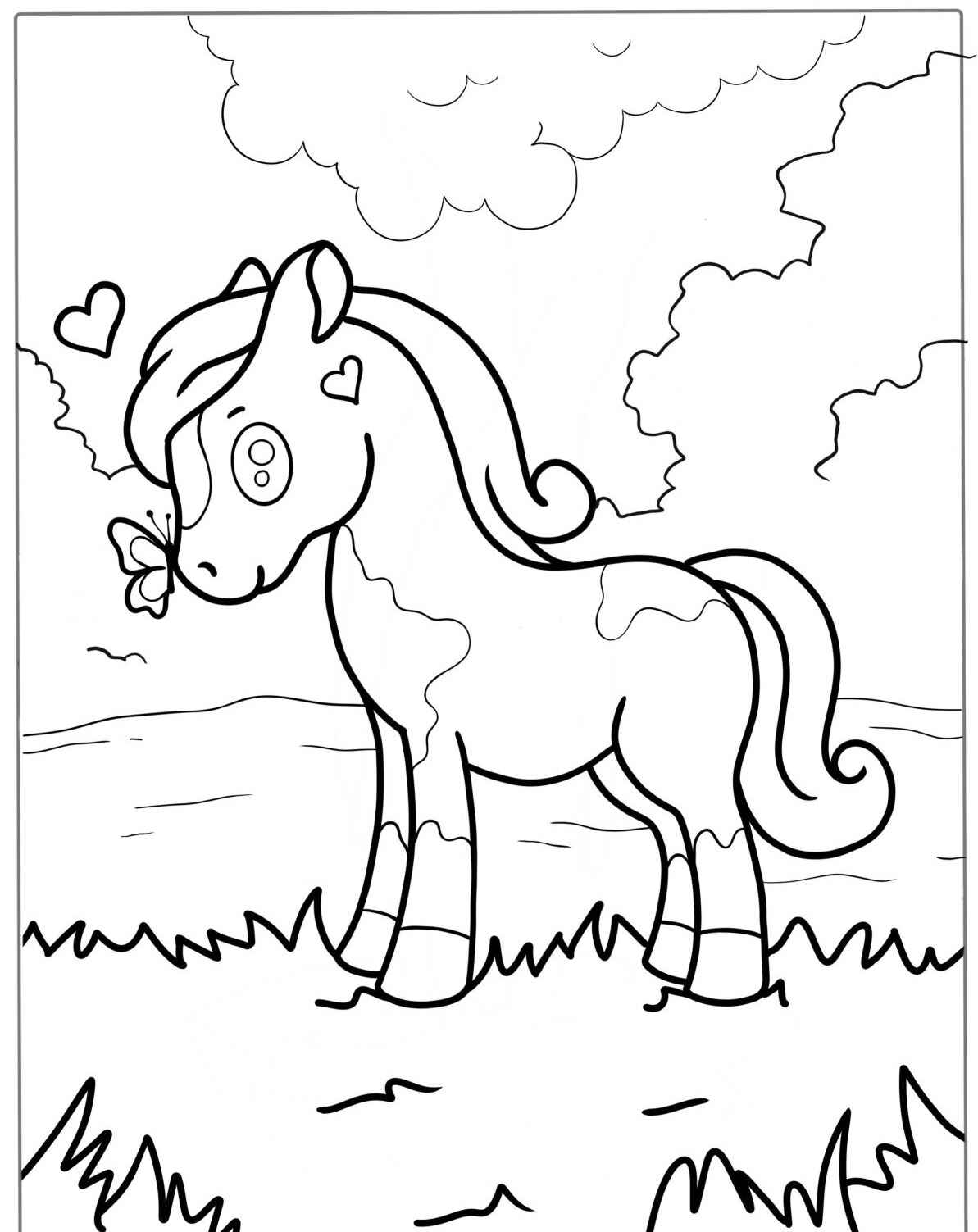 Desenho de Cavalo fofo com borboleta para colorir