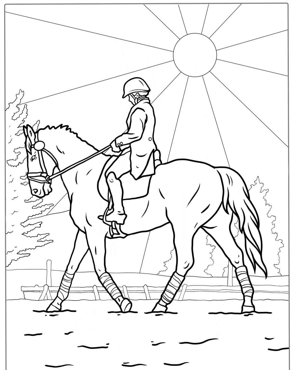 Desenho de Cavalo cavaleiro e sol para colorir