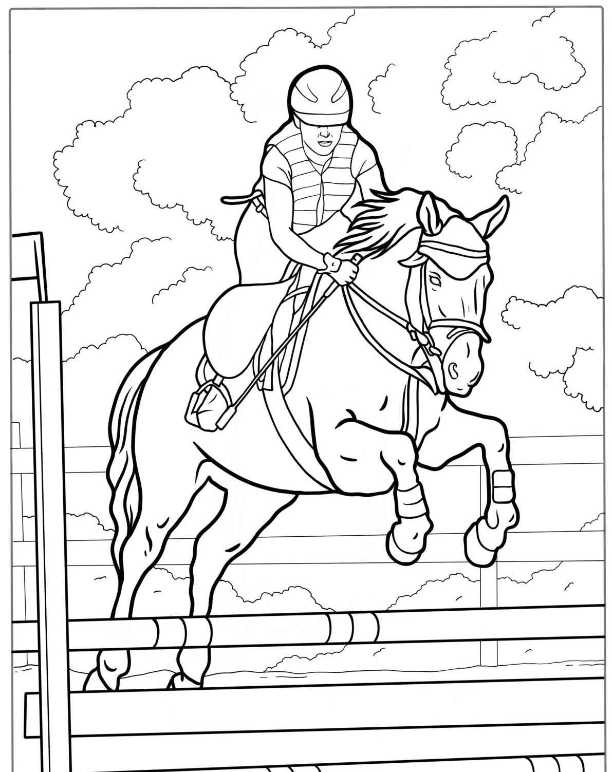 Desenho de cavalo saltando com cavaleiro para colorir