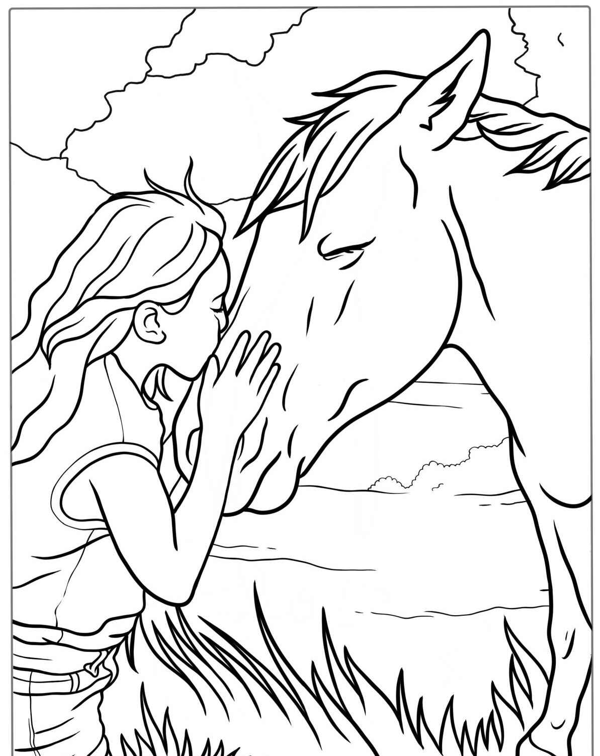 Desenho de criança e cavalo juntos para colorir