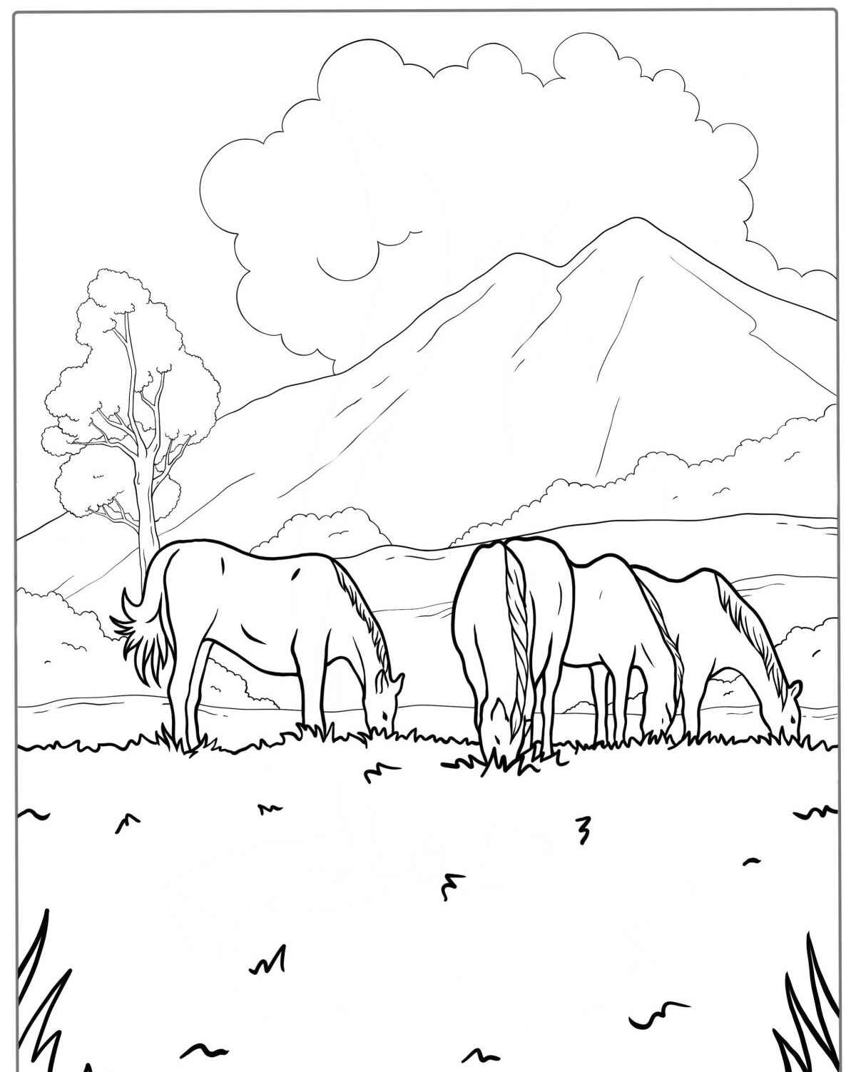 Desenho de três cavalos pastando montanha para colorir