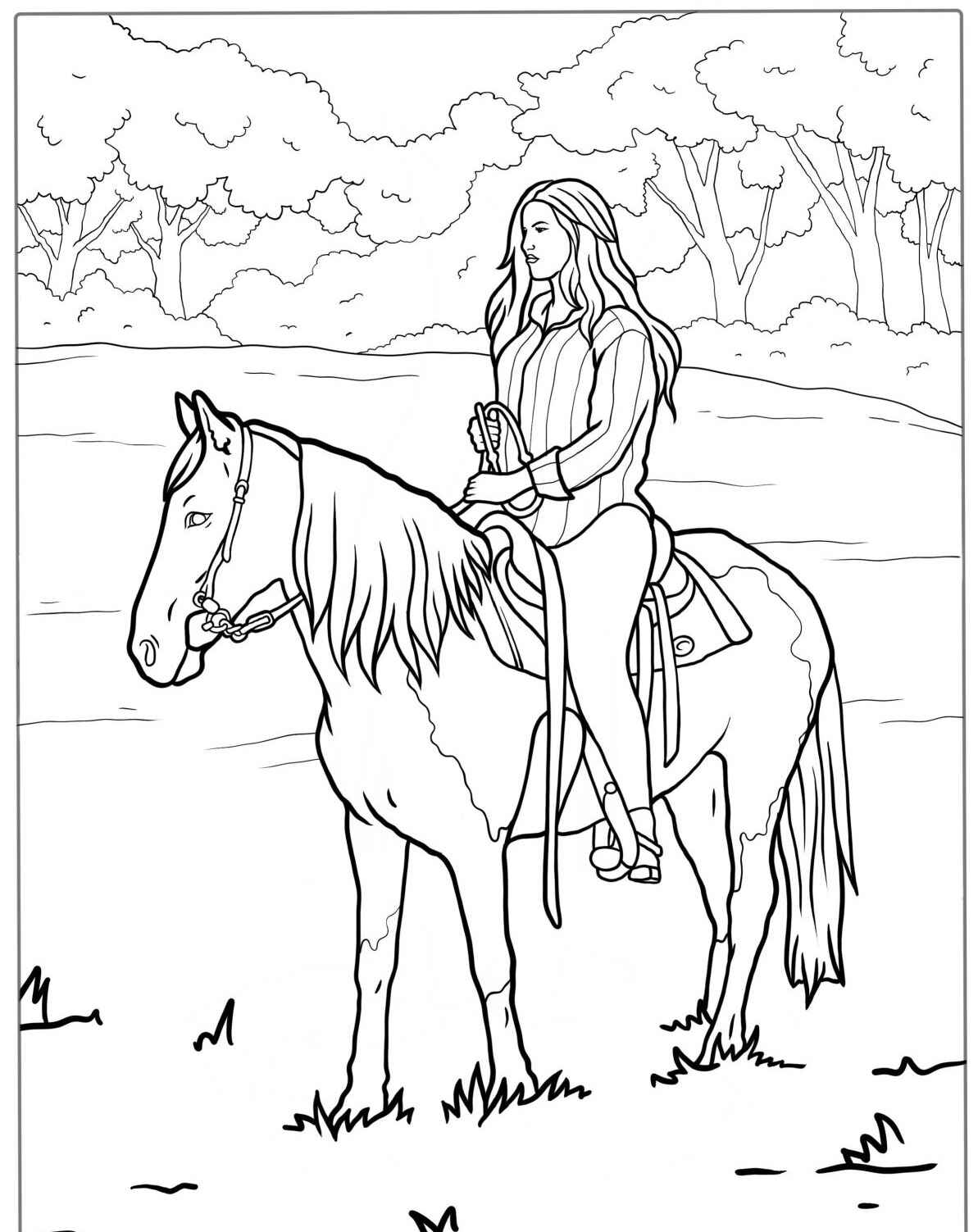 Desenho de cavalo com pessoa montando para colorir