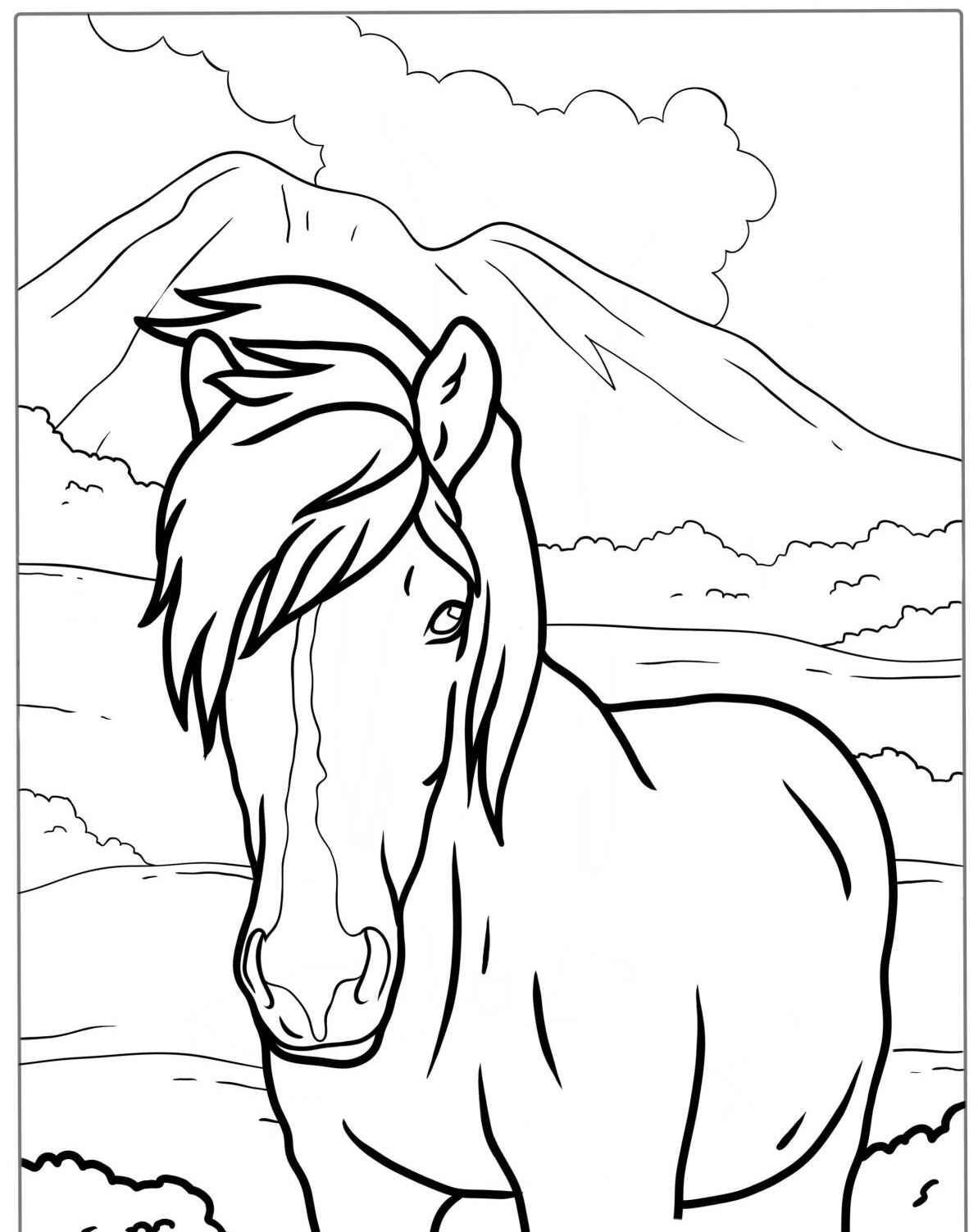 Desenho de Cavalo com montanha ao fundo para colorir