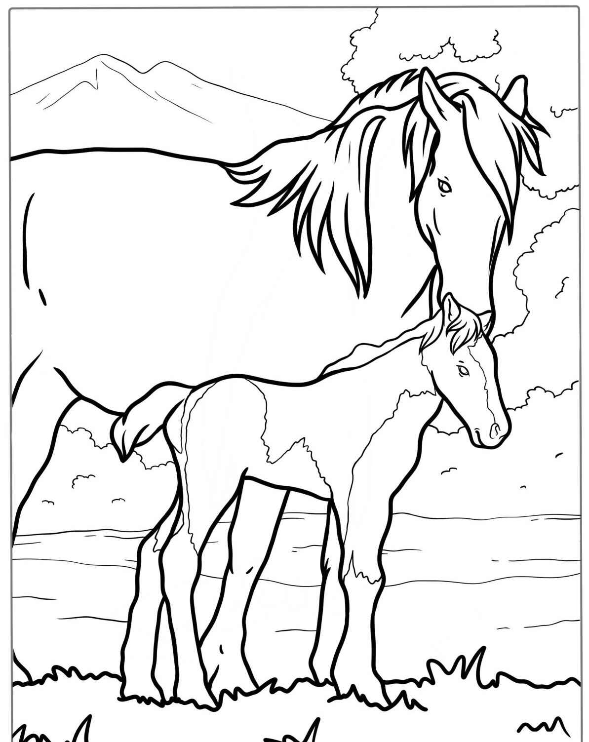 Desenho de Cavalo e Potro juntos para colorir
