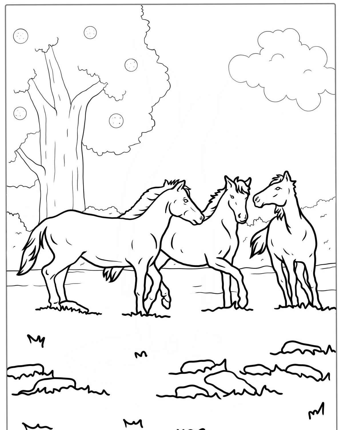 Desenho de três cavalos para colorir