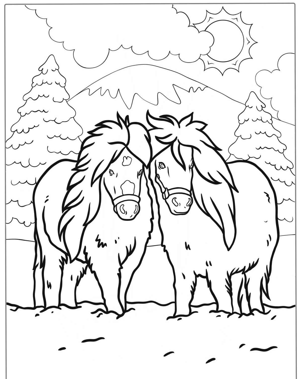Desenho de dois cavalos na montanha para colorir
