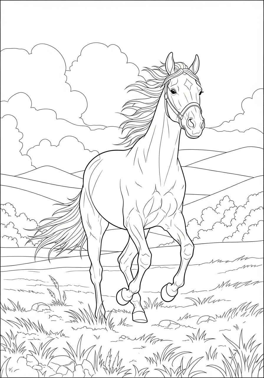 Desenho de Cavalo correndo no campo para colorir