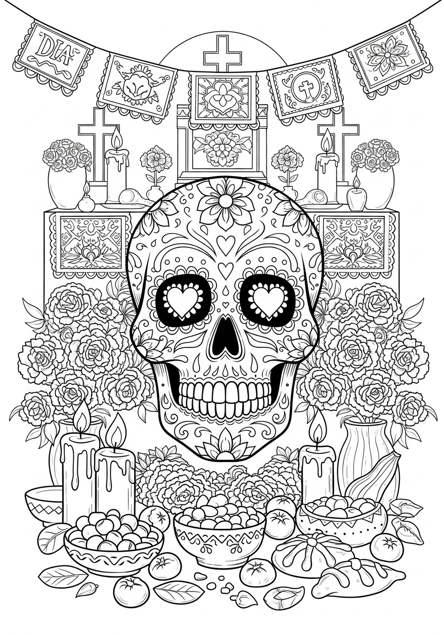 Desenho de Caveira Mexicana com flores e velas