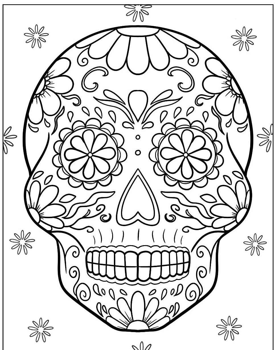 Desenho de Caveira Mexicana com flores decorativas