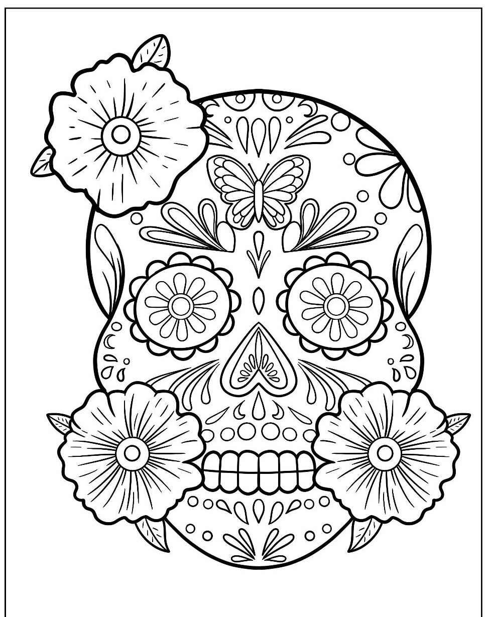 Desenho de Caveira mexicana com flores para colorir