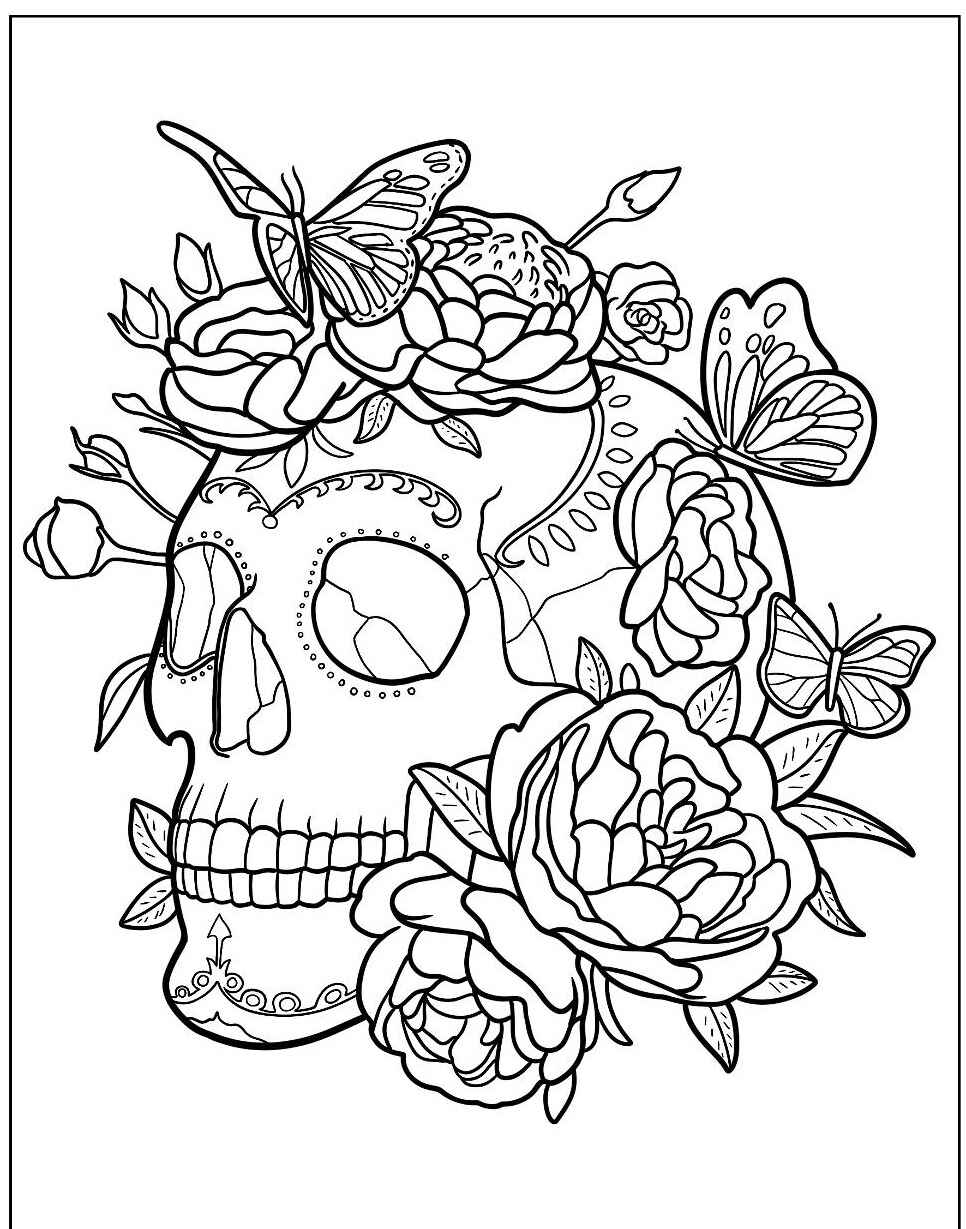 Desenho de Caveira com rosas e borboletas detalhado