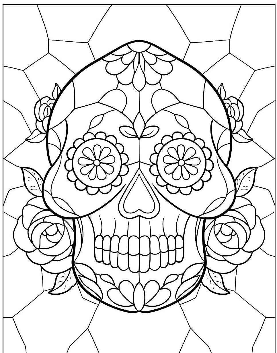 Desenho de Caveira Mexicana com flores detalhadas