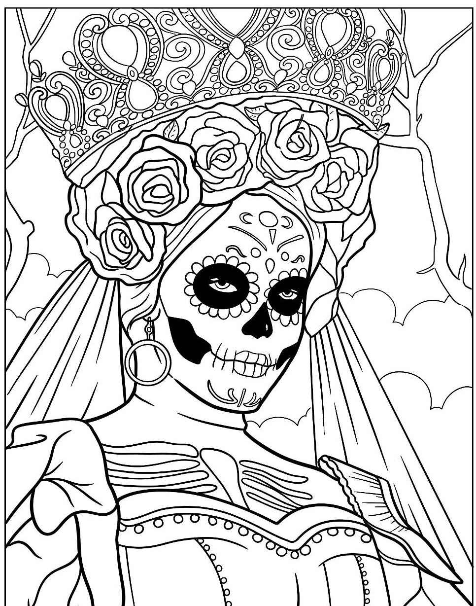 Desenho de Caveira com Coroa e Flores para colorir