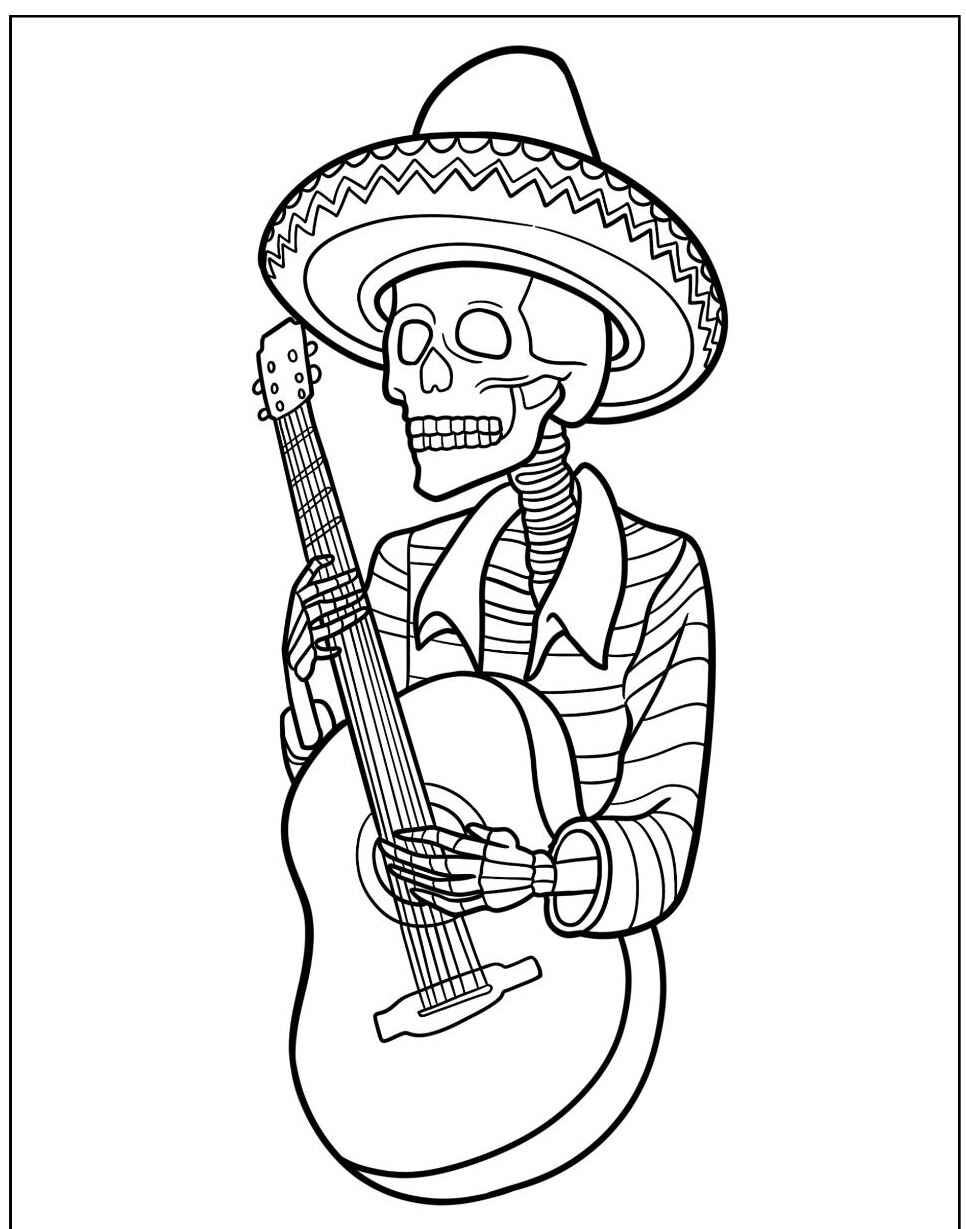 Desenho de Caveira mexicana com chapéu e violão