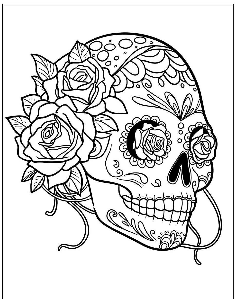 Desenho de Caveira com rosas e ornamentos para colorir