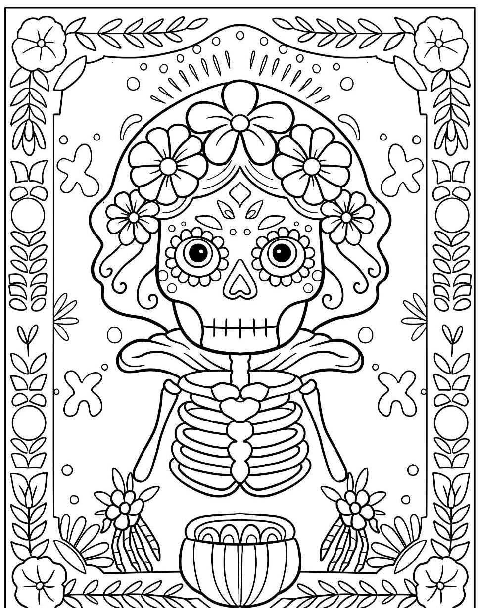 Desenho de Caveira mexicana com flores para colorir