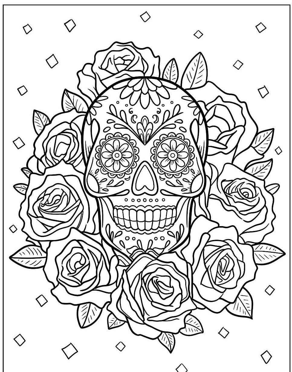 Desenho de Caveira mexicana com flores para colorir