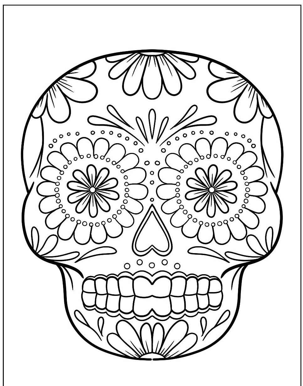 Desenho de Caveira Mexicana com flores para colorir