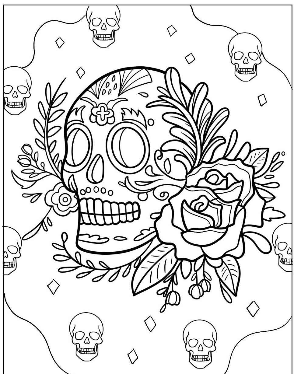 Desenho de Caveira Mexicana com rosas para colorir