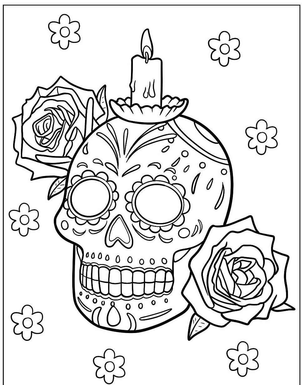 Desenho de Caveira Mexicana com flores para colorir