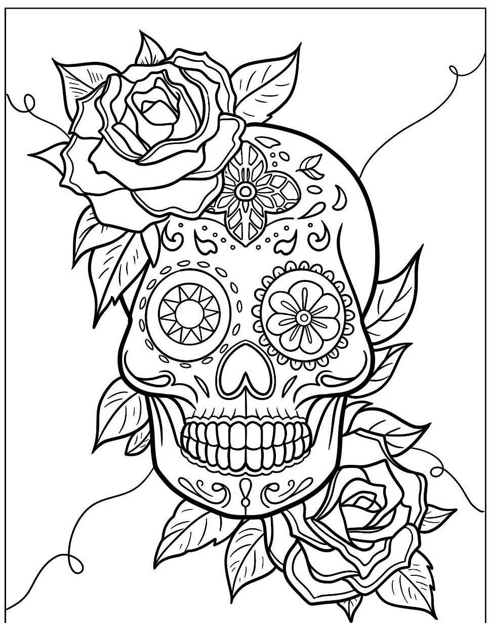 Desenho de Caveira floral estilo mexicano para colorir