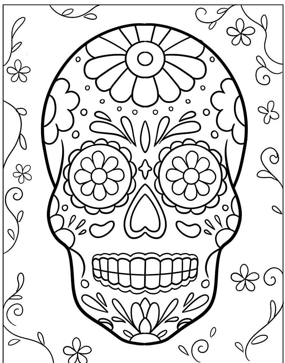 Desenho de Caveira Mexicana com flores para colorir