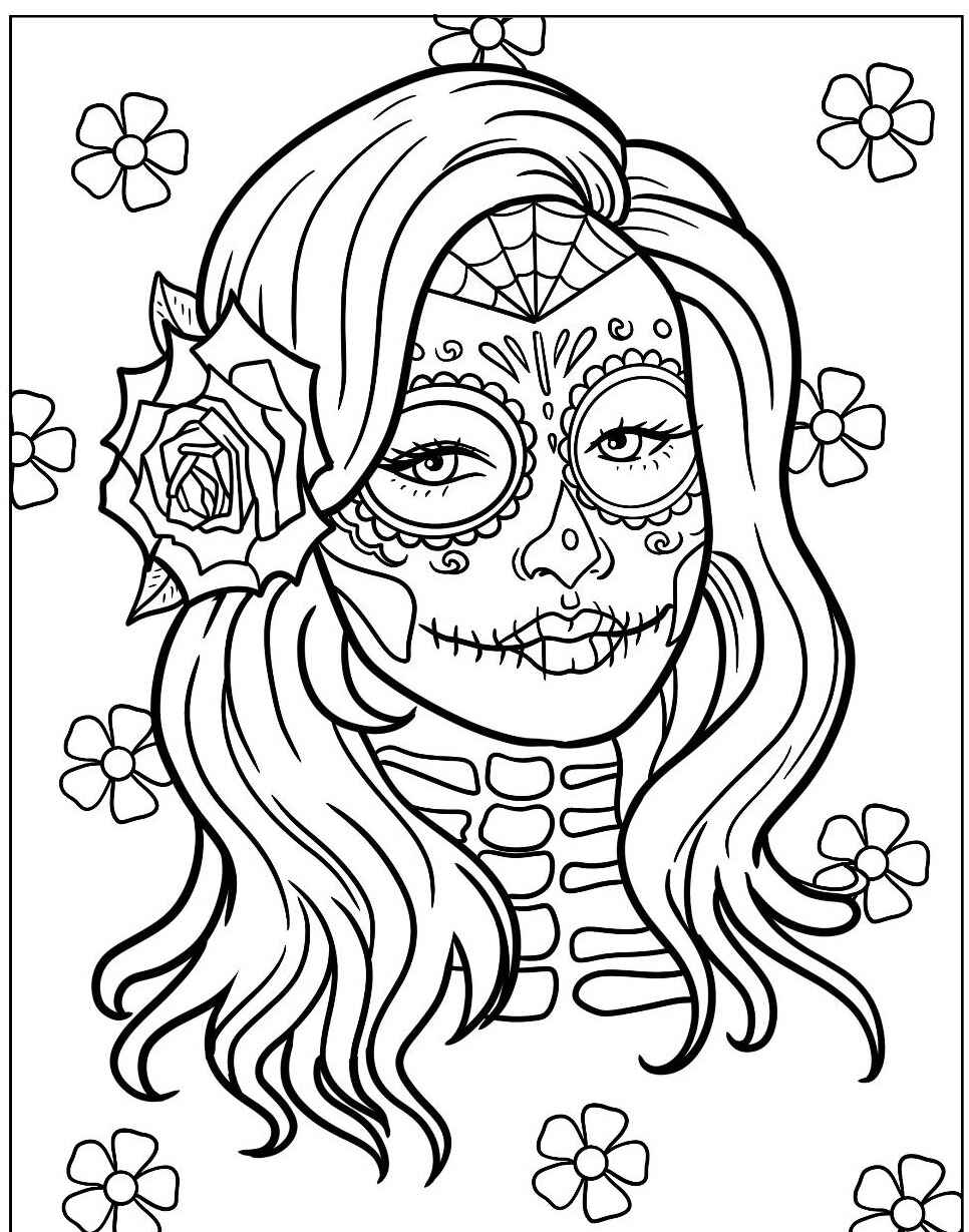 Desenho de Caveira mexicana com flor para colorir