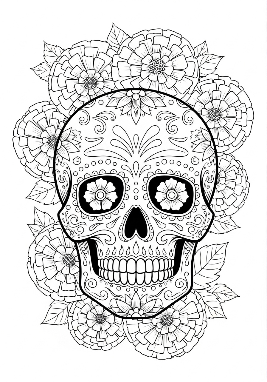Desenho de Caveira Decorada com flores detalhadas